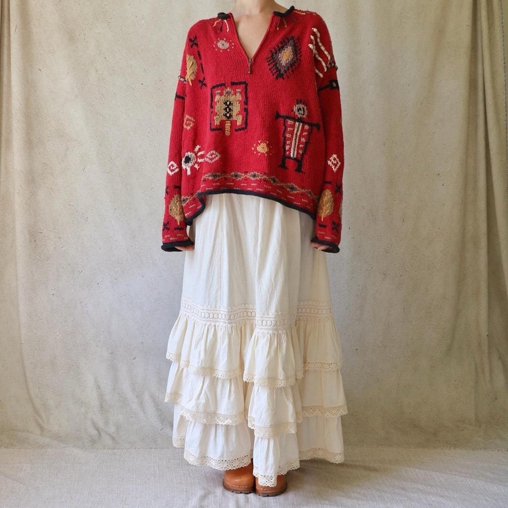 Hemp & Cotton Blend Tribal Print Knit 3/4 Zip Sweater in Red